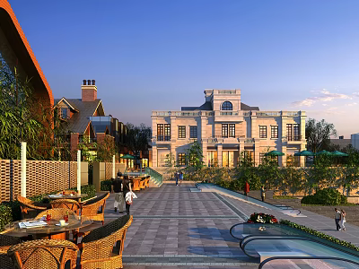 Charming Classical Architecture Commercial Street With Outdoor Seating Green Plants And Pedestrians Under Blue Sky 3d model