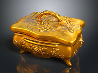 Elegant Display Shelf With Golden Carved Decorative Box Featuring Ornate Patterns And Handle Design 3d model