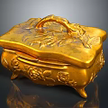 Elegant Display Shelf With Golden Carved Decorative Box Featuring Ornate Patterns And Handle Design