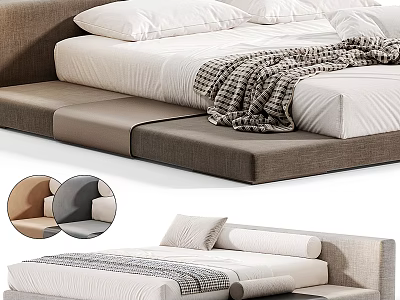 Modern Double Bed Frame With Upholstered Headboard White Sheets Plaid Blanket And Color Options 3d model