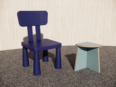Blue Children's Chair With Round Legs Simple Design And Light Blue Stool In Indoor Setting 3d model