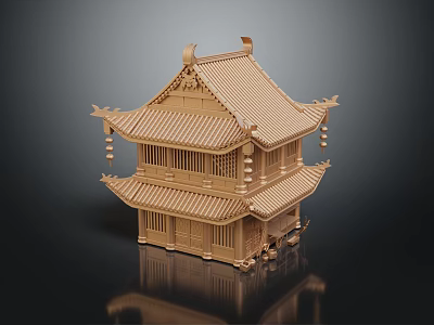 Cartoon Scene of Traditional Chinese Two Story Wooden Architecture With Curved Eaves And Lanterns 3d model