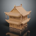 Cartoon Scene of Traditional Chinese Two Story Wooden Architecture With Curved Eaves And Lanterns