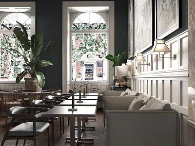 Cozy Restaurant Interior With Large Windows Greenery Indoor Plants Tables Chairs And Sofa Booths 3d model