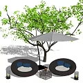 Round Outdoor Sofa With Blue Cushions Under Grey Umbrella And Green Tree
