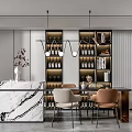 Modern Restaurant Interior With Marble Counter Wine Shelves Pendant Lights And Sculpture Decor