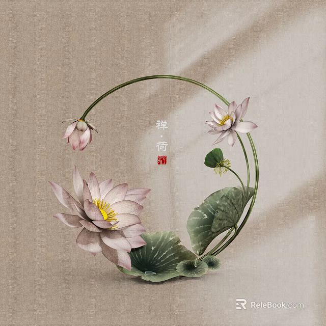 Zen Bonsai Plant With Lotus Flowers Green Leaves And Circular Ring On Beige Fabric Background 3d model 