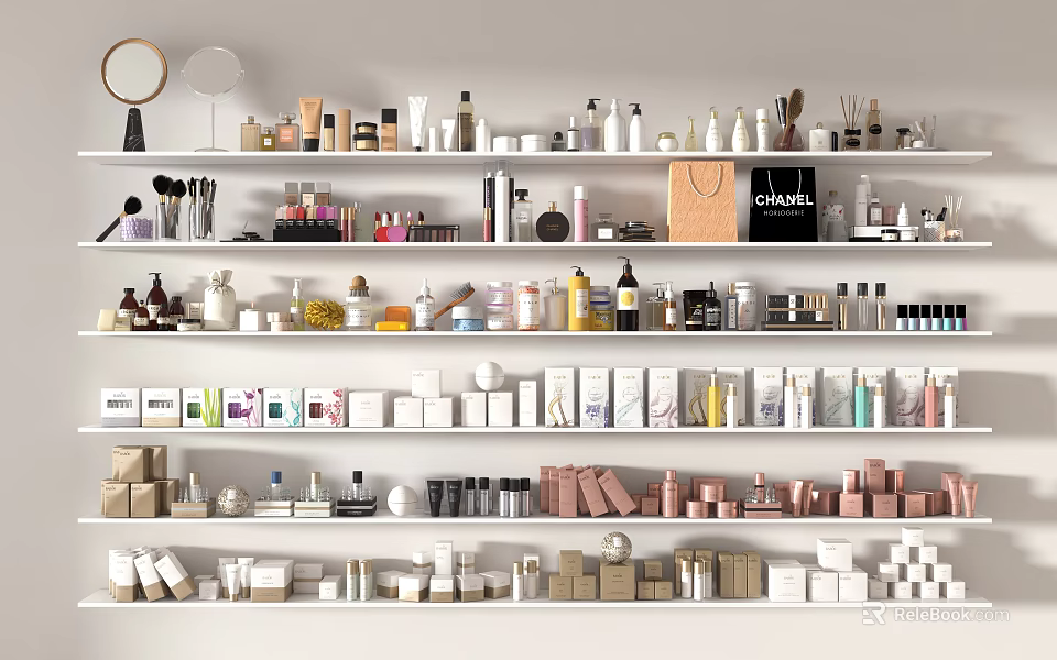 Perfume And Cosmetics Display On Shelves With Various Bottles Boxes Skincare And Makeup Products Collection 3d model 