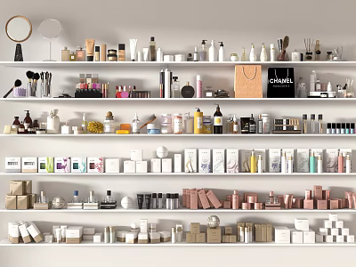 Perfume And Cosmetics Display On Shelves With Various Bottles Boxes Skincare And Makeup Products Collection 3d model