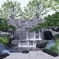 Natural Stone Feature Wall with Cascading Waterfall Lush Greenery and Decorative Rocks in Garden Landscape