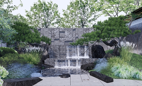 New Chinese style landscape sketch opposite landscape wall waterscape wall water drop 3d model