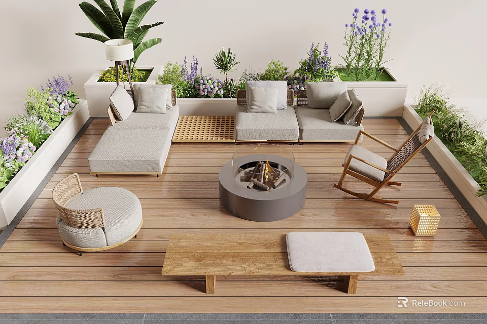Outdoor Landscape Seating with Sofa Rocking Chair Fire Pit Wooden Deck and Lush Greenery 3d model 