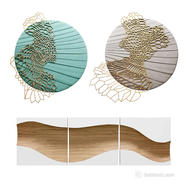 Teal And Light Gray Round Wall Decor With Gold Cutout And Wavy Wood Grain Panels 3d model 