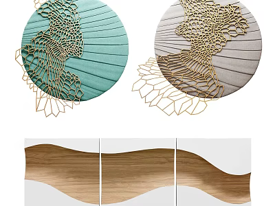 Teal And Light Gray Round Wall Decor With Gold Cutout And Wavy Wood Grain Panels 3d model