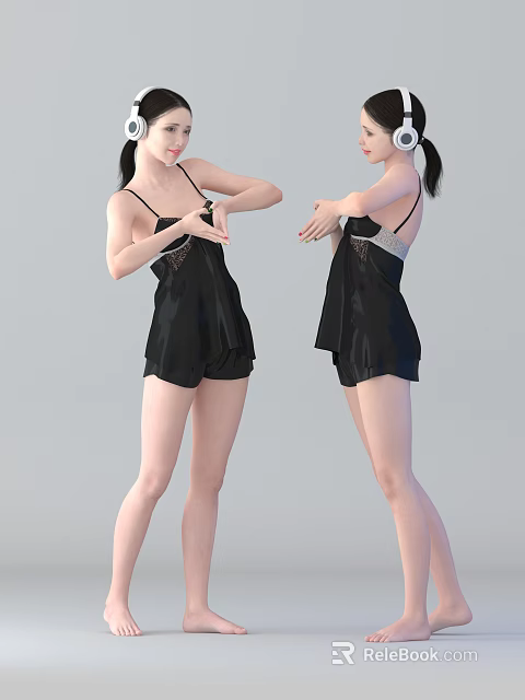 Women In Black Camisole Shorts With Lace Trim Posing Against Gray Background 3d model
