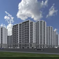 Modern Residential Buildings With Glass Curtain Walls Blue Sky White Clouds Lawn Cars And Pedestrians