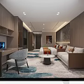 Elegant Modern Hotel Room Interior With Brown Wooden Furniture Sofa Coffee Table Desk And Carpet