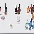 Various Wine Whiskey Champagne Bottles Martini Cocktail And Highball Glasses On