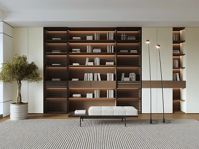 Modern Bookcase With Multiple Shelves Books Bench Floor Lamps And Plant In Contemporary Interior 3d model