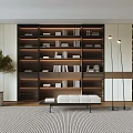 Modern Bookcase With Multiple Shelves Books Bench Floor Lamps And Plant In Contemporary Interior