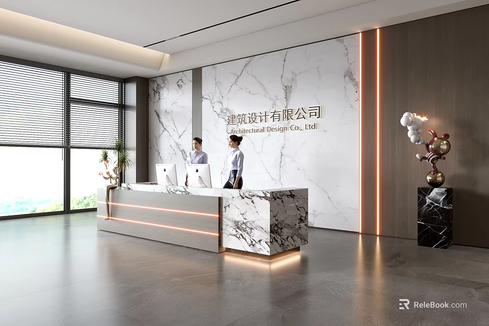 Modern Front Desk Reception with Marble Counter and Staff Standing 3d model