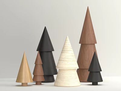 Modern Wooden Tree Shaped Decorative Ornament Set with Black Beige Brown Stacked and Spiral Designs 3d model