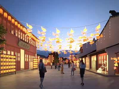 Traditional Commercial Street Evening Scene With Hanging Lanterns Traditional Buildings And Pedestrians 3d model