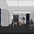 Modern Public Office Space with Windows Blue Curtains Desks Office Chairs Tripod Equipment and Posters