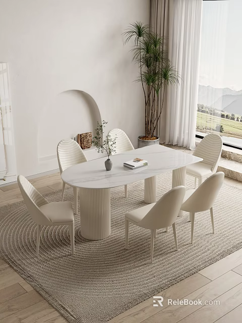 Elegant Modern Dining Table Set With Oval White Top And Six Woven Chairs 3d model