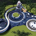 Modern Garden Ornament With Circular Layout Pathways Greenery And Tower Structure 3d model