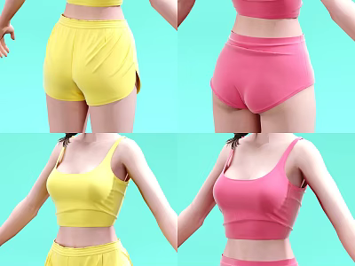 Yellow And Pink Women's Sports Clothing Set With Shorts And Crop Top 3d model