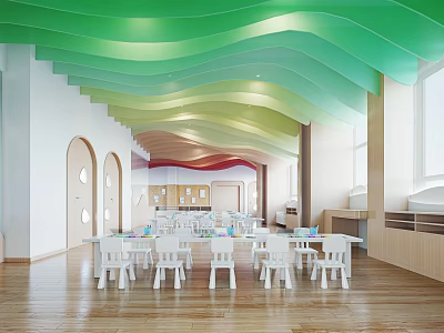 Bright Kindergarten With Green Wavy Ceiling White Arched Doors White Tables Chairs And Wooden Floors 3d model