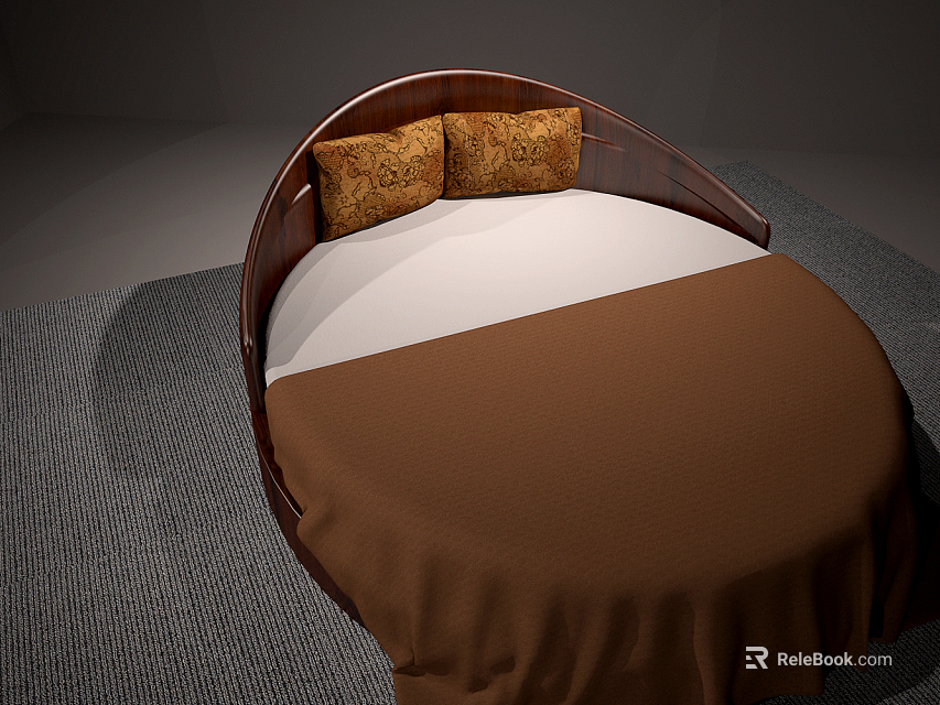Modern Round Bed with Brown Headboard and Pillows White Mattress Gray Carpet 3d model 