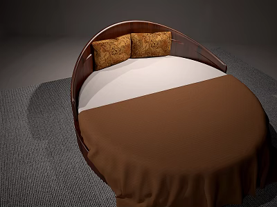 Modern Round Bed with Brown Headboard and Pillows White Mattress Gray Carpet 3d model