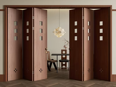 Wooden Folding Doors With Glass Details In Modern Dining Space 3d model