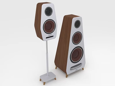 Stylish Floor Standing Speakers With Wooden Cabinet White Front Panel And Circular Drivers 3d model