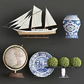 Decorative Ornament Set With Globe Seashell Coral Sailboat Model Starfish And Books On Shelves