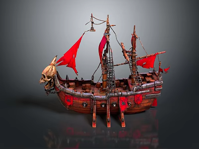 Pirate Ship Water Transport With Skull Decoration Red Sails And Wooden Oars 3d model