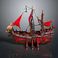 Pirate Ship Water Transport With Skull Decoration Red Sails And Wooden Oars