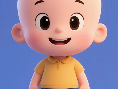 Cartoon Man With Bald Head And Big Eyes Wearing Yellow Polo Shirt Against Blue Background 3d model