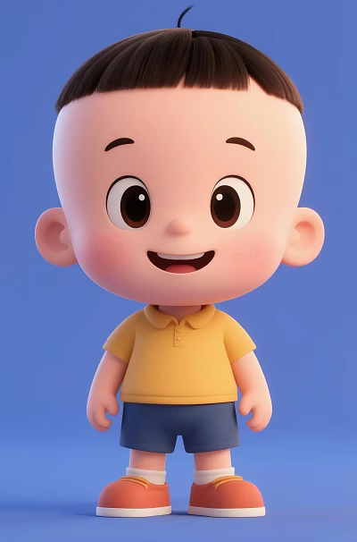 Cartoon Man With Bald Head And Big Eyes Wearing Yellow Polo Shirt Against Blue Background 3d model
