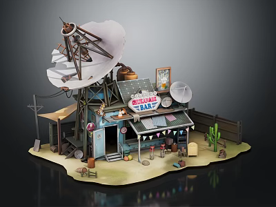Barbecue Shack Building with Solar Panels Satellite Dishes Flags Cactus and Outdoor Seating Area 3d model