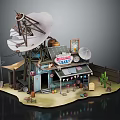 Barbecue Shack Building with Solar Panels Satellite Dishes Flags Cactus and Outdoor Seating Area