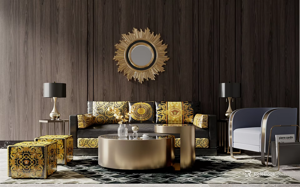 Luxurious Living Room Sofa Coffee Table Set With Golden Decorative Mirror And Patterned Cushions 3d model 