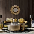 Luxurious Living Room Sofa Coffee Table Set With Golden Decorative Mirror And Patterned Cushions
