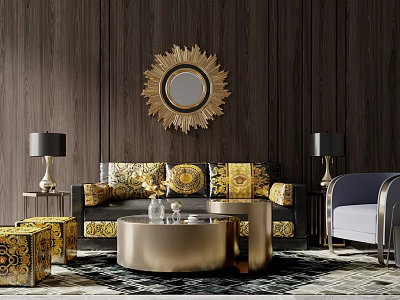 Luxurious Living Room Sofa Coffee Table Set With Golden Decorative Mirror And Patterned Cushions 3d model