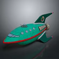 Green Streamlined Spaceship Model With Red Accents Windows Small Antenna And Rear Thruster