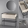 Modern Minimalist Concrete Washbasin Design With Black Metal Stand Round Mirror And Faucet