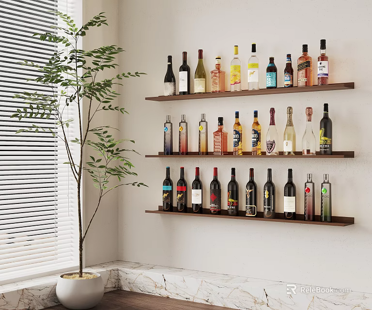 Wooden Wine Shelves Displaying Various Bottles Near Window Blinds Potted Plant And Marble Counter 3d model 