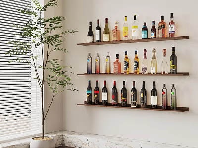 Wooden Wine Shelves Displaying Various Bottles Near Window Blinds Potted Plant And Marble Counter 3d model